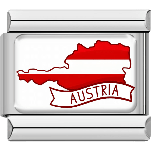 Italian charm with a silver frame featuring the map of Austria with horizontal red-white-red flag stripes and a curved banner labeled “Austria.”